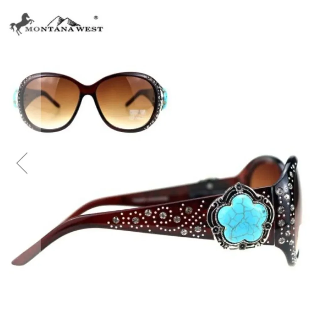 Montana West Sunglasses in Coffee w/Turquoise Flower Concho Accents
